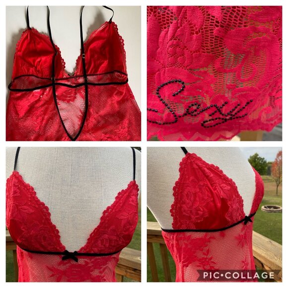 Victoria's Secret Very Sexy Red Lace Babydoll Lingerie L Strappy Romantic Floral - Picture 9 of 13